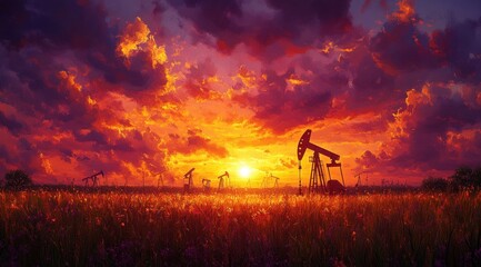 Fototapeta premium Vibrant Sunset Over Oil Field Pump Jacks Silhouetted Against Colorful Sky