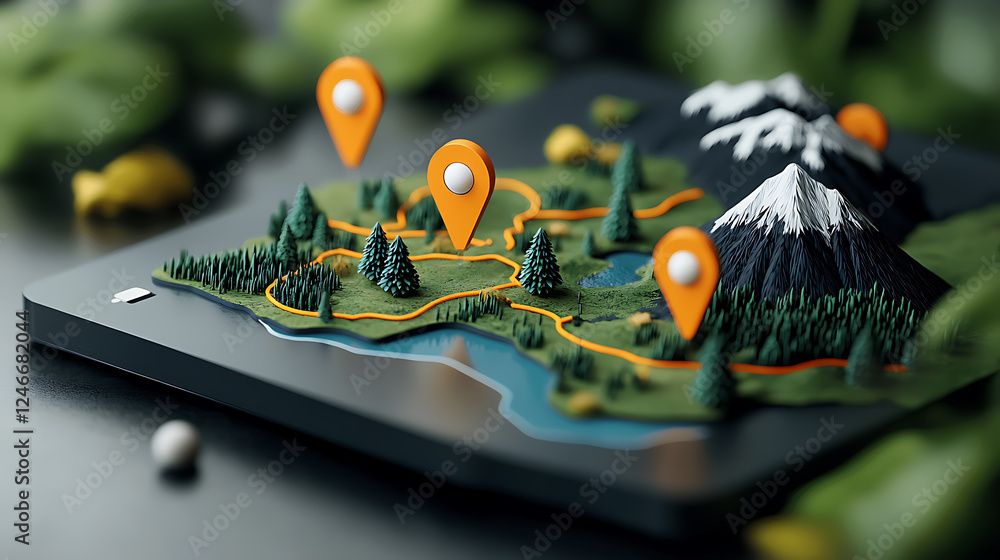 Poster exploring a 3d terrain map with location pins nature landscape visualization indoor studio top-down 