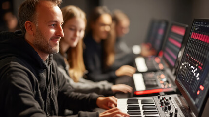 Collaborative music production session for adults in modern studio setting
