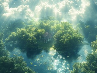 Fototapeta premium Sustainable Construction in a Lush Forest with a House-shaped Pond for Green Living and Eco-friendly Architecture