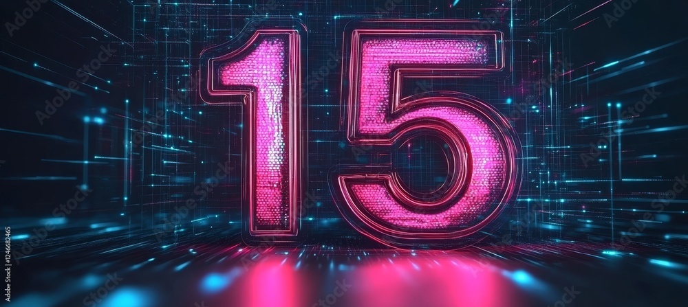 Poster glowing neon digital big 3d number 15 with digital network background in futuristic design style.