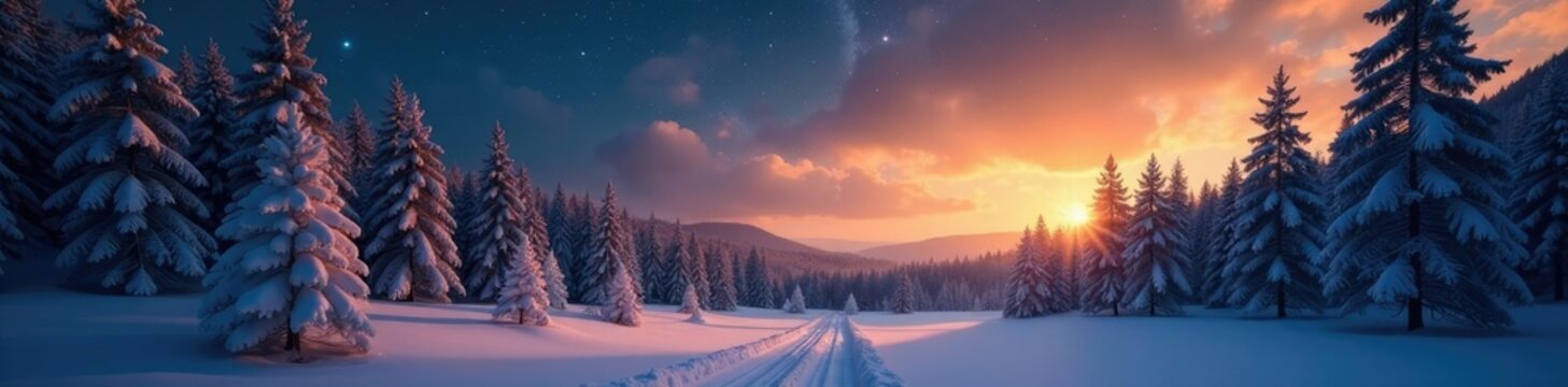 Gl?hende Sterne ?ber einem wei?en Winterhintergrund mit goldenem Licht, snowy forest, starry sky