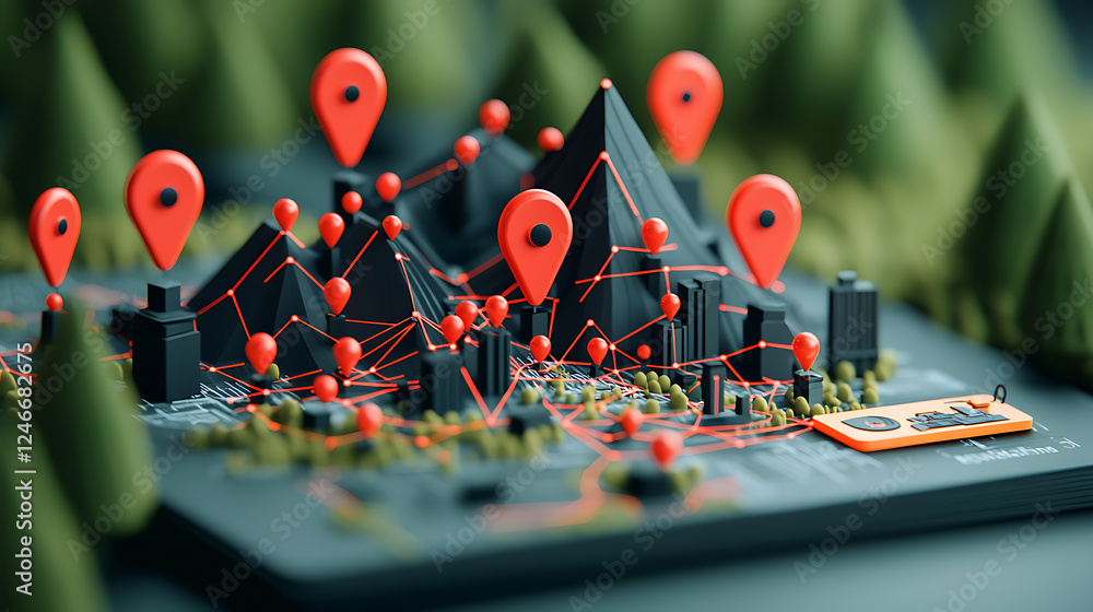 Poster exploring geographical mapping techniques with 3d models urban and natural landscapes digital conten