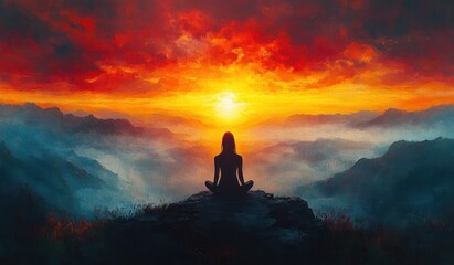 Obraz premium Yoga Meditation Silhouette at Sunset in Mountain Landscape