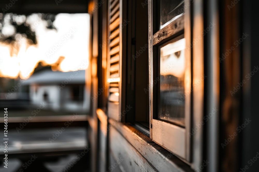 Poster open shutters of a rustic wooden window reveal a warm sunset glow, creating a nostalgic atmosphere i