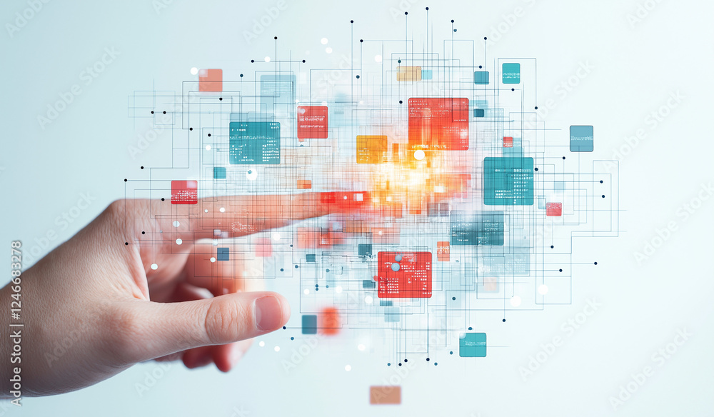 Poster connecting the dots: a hand reaches out, its index finger poised to touch a vibrant network of inter