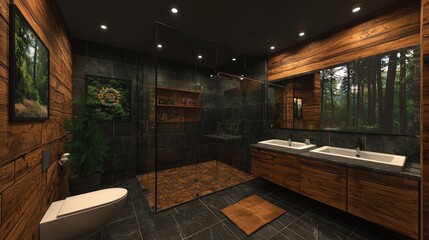 Luxurious wooden bathroom with forest view