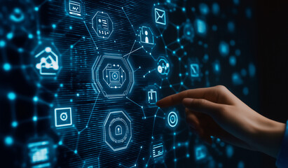 Fototapeta premium Navigating the Digital Landscape: A hand reaches out to connect with a network of glowing digital icons.