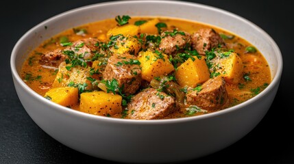 Fototapeta premium Hearty autumn stew with butternut squash, close-up shot
