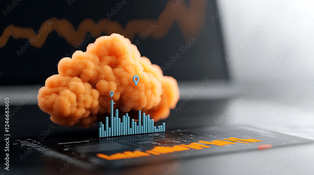Poster analyzing market trends through data visualization digital environment graphic representation cloud 