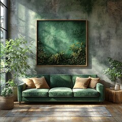 Contemporary living room design with deep green sofa and natural light in minimalist style