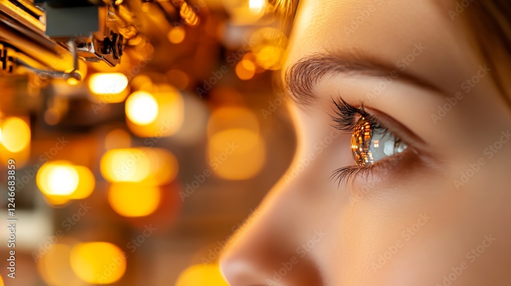 Poster close-up view highlights a robotic eye's detailed ai components and glowing circuitry, blending inno