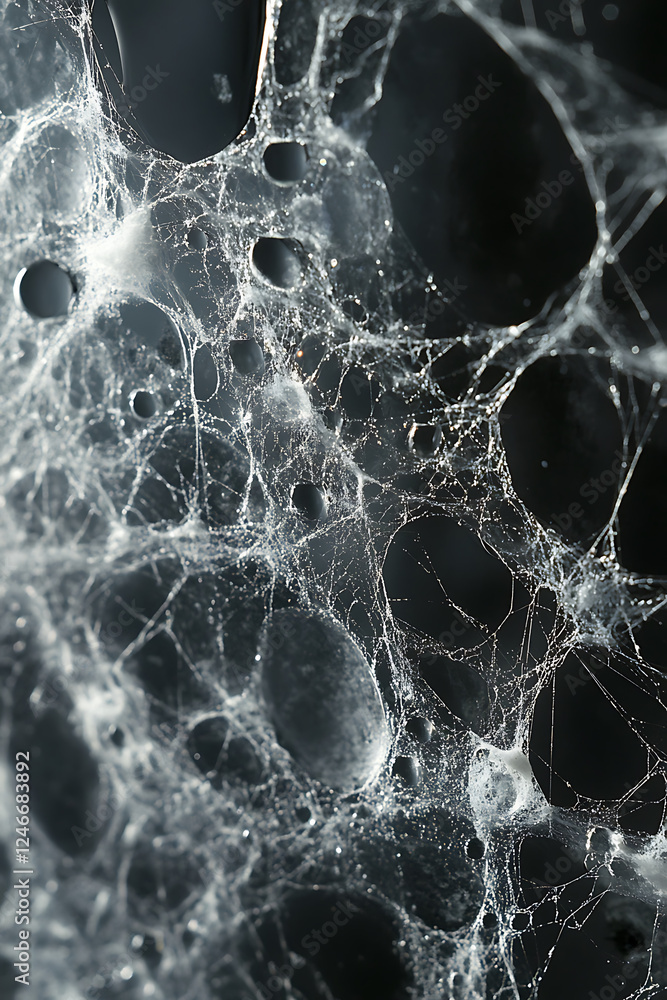 Poster close up of intricate spider webs showcasing dew droplets, creating mesmerizing pattern against dark