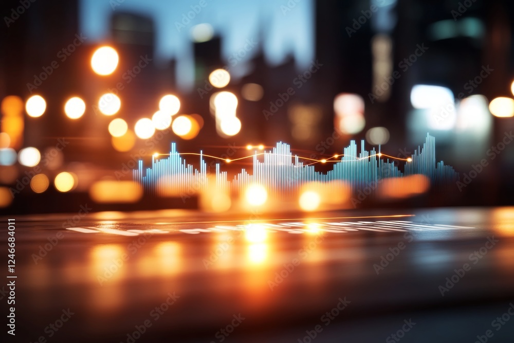 Poster Abstract depiction of a world map showcasing illuminated cities in blue and gold, with glowing lines symbolizing global connectivity and modern unity