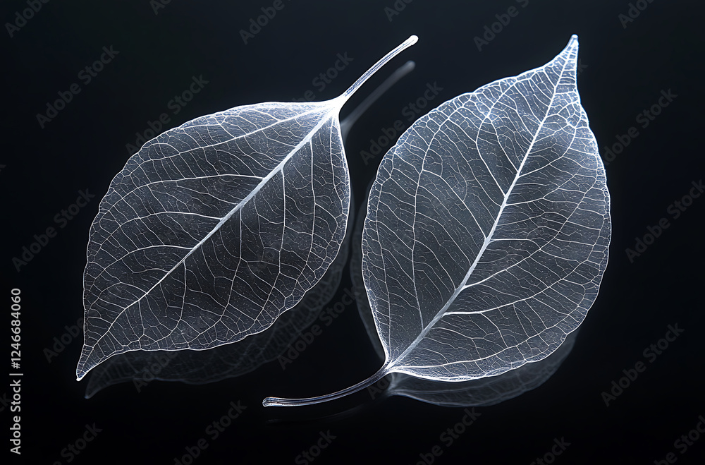Poster translucent white leaves with intricate vein patterns on dark background create serene and delicate 