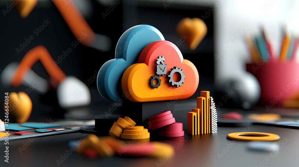 Poster innovative cloud computing solutions digital workspace 3d design elements modern office close-up vie