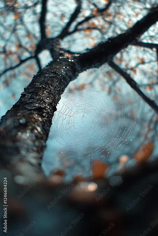 Poster delicate spider web glistens with dew, hanging from tree branches. blurred background features autum