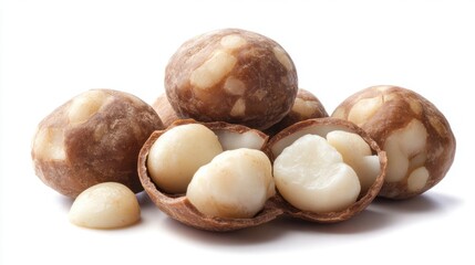 Delicious Macadamia Nuts in Shell and Unshelled on White Background