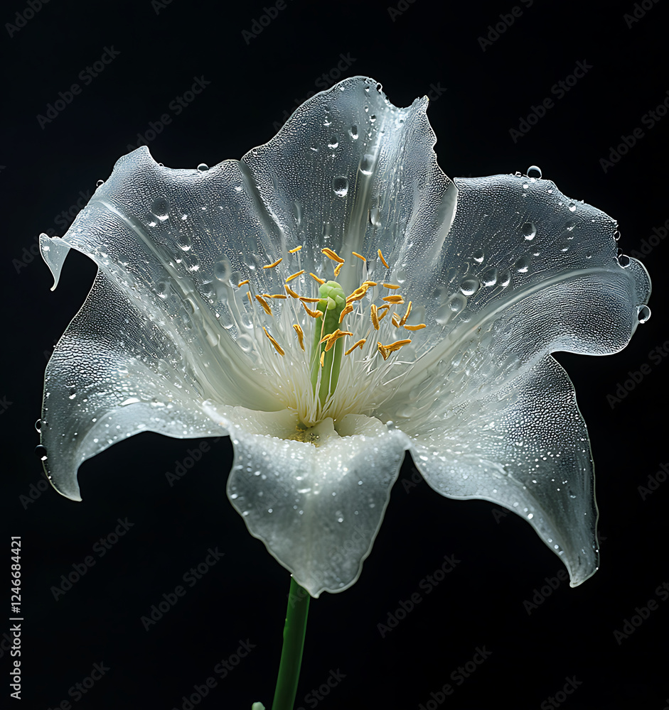 Poster delicate translucent white flower with petals adorned with droplets, showcasing its intricate struct