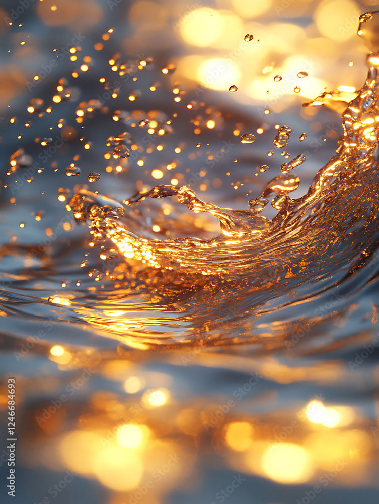 Poster golden swirl of water sparkling and dazzling in light creates mesmerizing effect. dynamic movement o