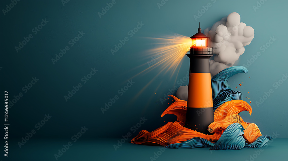 Poster illuminating waves artistic lighthouse display coastal setting 3d render surreal environment dynamic