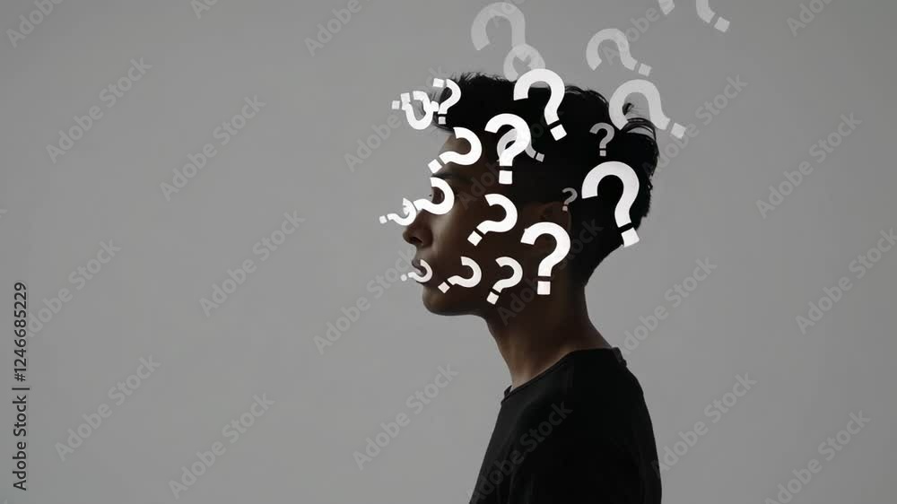 Poster young professional pondering complex thoughts, question marks floating symbolically around head, rep