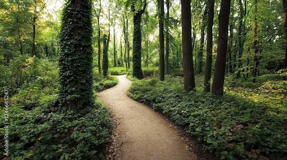 Poster exploring a serene forest path enchanted woodland nature tranquil environment scenic view connection