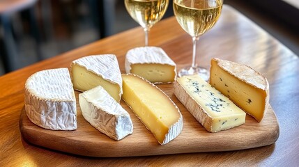 Assorted gourmet cheeses on a wooden platter paired with white wine in a cozy dining setting