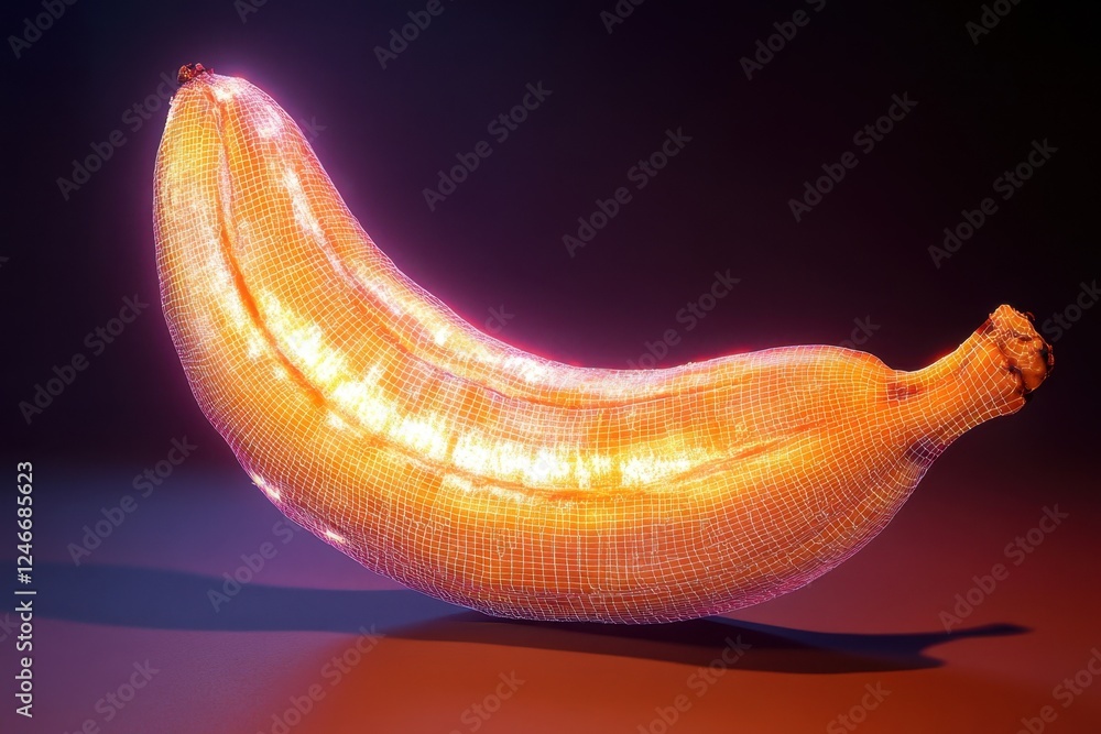 Poster banana displayed with glowing wireframe design against dark background