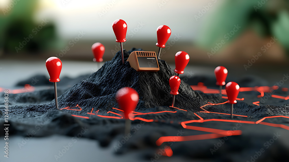 Aufkleber volcanic eruption simulation with red markers digital landscape 3d model environment close-up view e