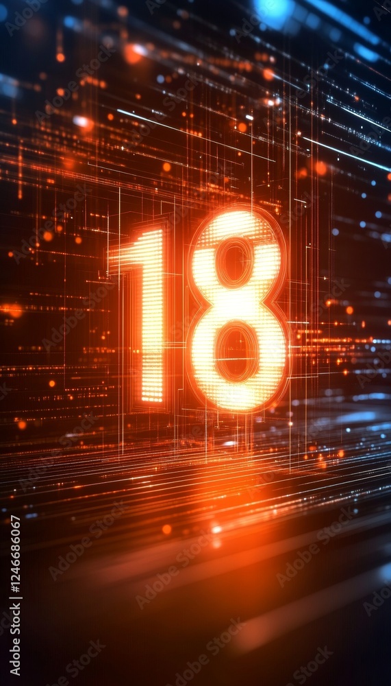 Poster glowing digital 3d number 18 in a futuristic style on a digital abstract background with copy space