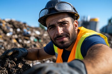 A dedicated worker in a bright safety vest and helmet inspects waste material at a junkyard, showcasing the importance of recycling and waste management in modern society.
