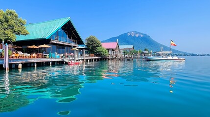 Obraz premium Tropical Bay With Overwater Bungalows And Boats