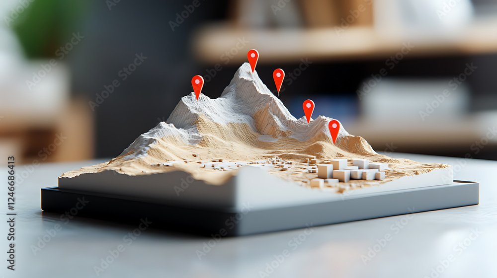 Poster 3d terrain model showcase with location markers indoor setting digital content modern environment cl