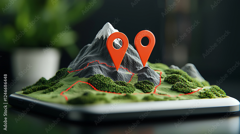 Poster mapping adventure 3d mountain model with geolocation pins digital art studio indoor environment clos