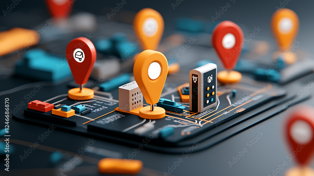 Poster dynamic mapping technology showcasing location pins virtual interface digital environment close-up p