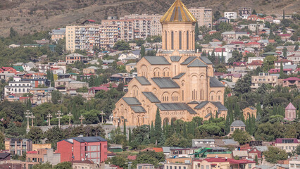 Tsminda Sameba Cathedral or Holy Trinity Cathedral of Tbilisi aerial timelapse. Georgia © HyperlapsePro