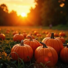 Naklejka premium Warm glow emanates from pumpkin patch on autumn evening, autumn, glow