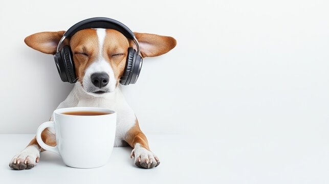 A relaxed dog wearing headphones enjoys a soothing drink, embodying a peaceful moment of leisure and comfort.