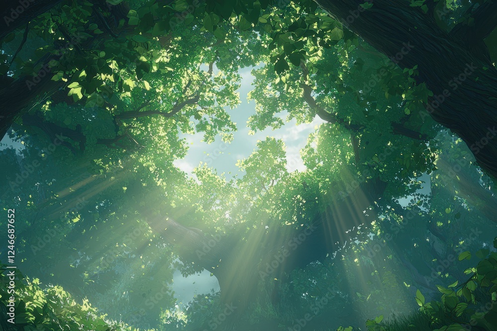 Poster sunlight filtering through lush forest canopy nature scene tranquil environment upward view serene c