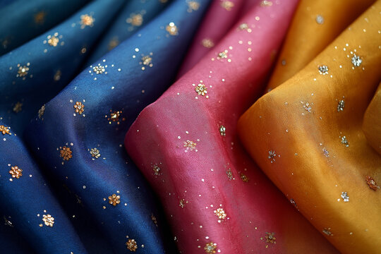  Photo de d&eacute;tails de tissus color&eacute;s avec broderies, strass et paillettes pour costumes de carnaval, v&ecirc;tement, d&eacute;guisement, habit