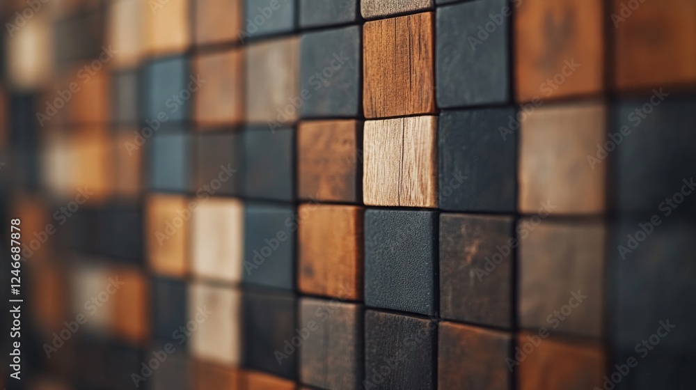 Poster captivating close-up view of a wooden panel decorated with colorful mosaic tiles arranged in a gradi