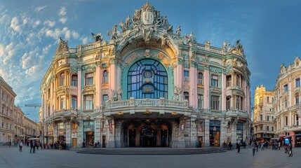 Fototapeta premium The Magnificent Facade of a Historic Architectural Masterpiece in City Center, Art Nouveau Style