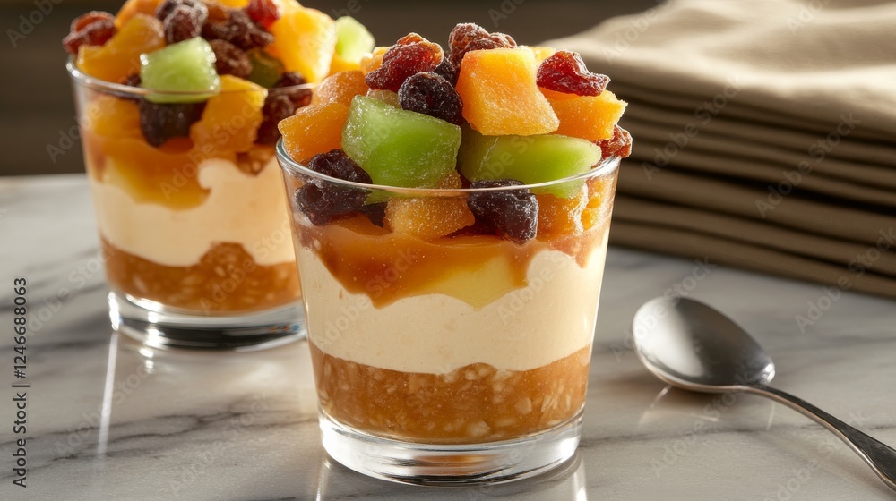 Poster a clear glass jar is filled with vibrant granola clusters and dried fruit, elegantly placed on a mar
