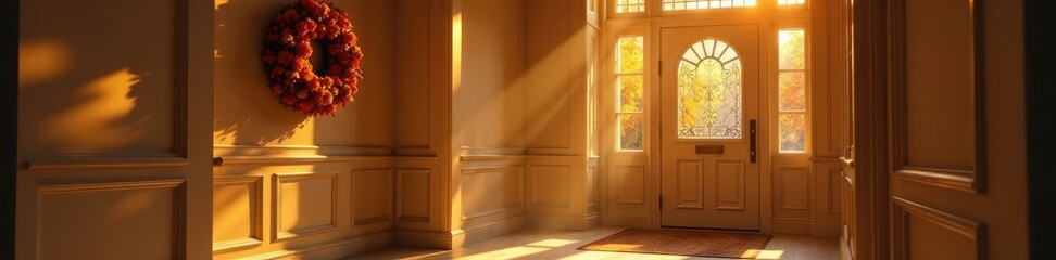 Warm golden light pours on a fall wreath in an elegant hallway entrance, decoration, warm, refinement