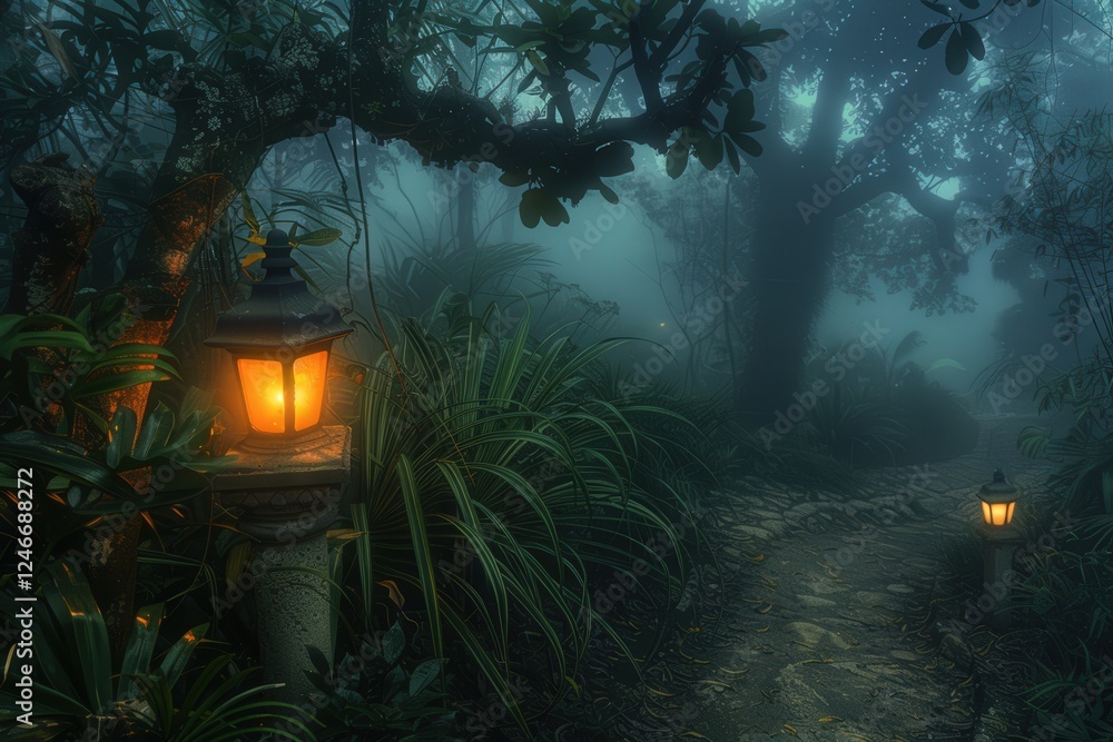 Poster a mysterious forest path illuminated by glowing lanterns, surrounded by lush greenery and enveloped 