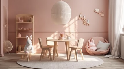 Cozy Children's Playroom Interior with Round Table and Whimsical Chairs in Scandinavian Style