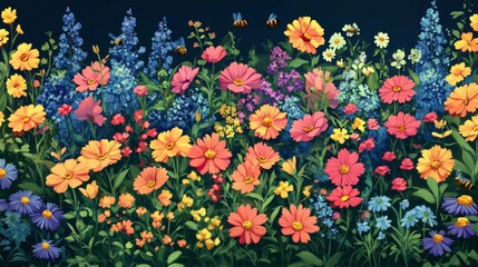 Colorful flowers attract bees in a vibrant garden during golden hour