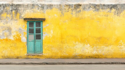 Bright Yellow Wall with Teal Door in Urban Setting