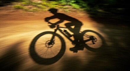 Fototapeta premium Shadow of a cyclist riding on a dirt trail in the forest